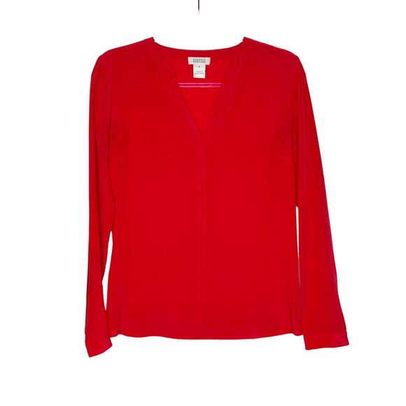 BARNEYS NEW YORK Silk Chiffon Long Sleeve Blouse V-Neck Button-Down Red Size 8 - Picture 2 of 11